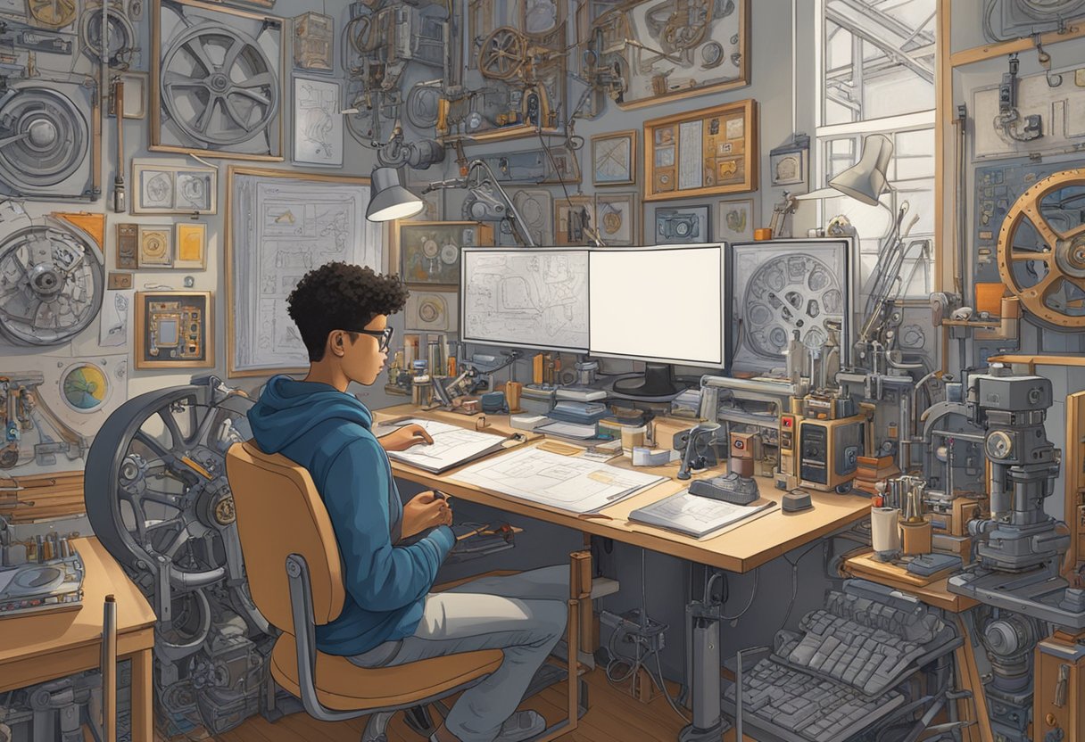 A student sits at a desk, surrounded by art supplies, sketching various technical objects like gears and circuits. A painting of a complex machine hangs on the wall behind them
