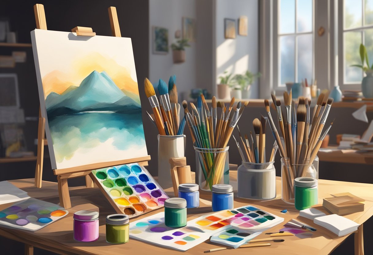 Drawing and Painting: A colorful palette of paintbrushes, tubes of paint, and a blank canvas arranged on a wooden easel, surrounded by art books and sketches