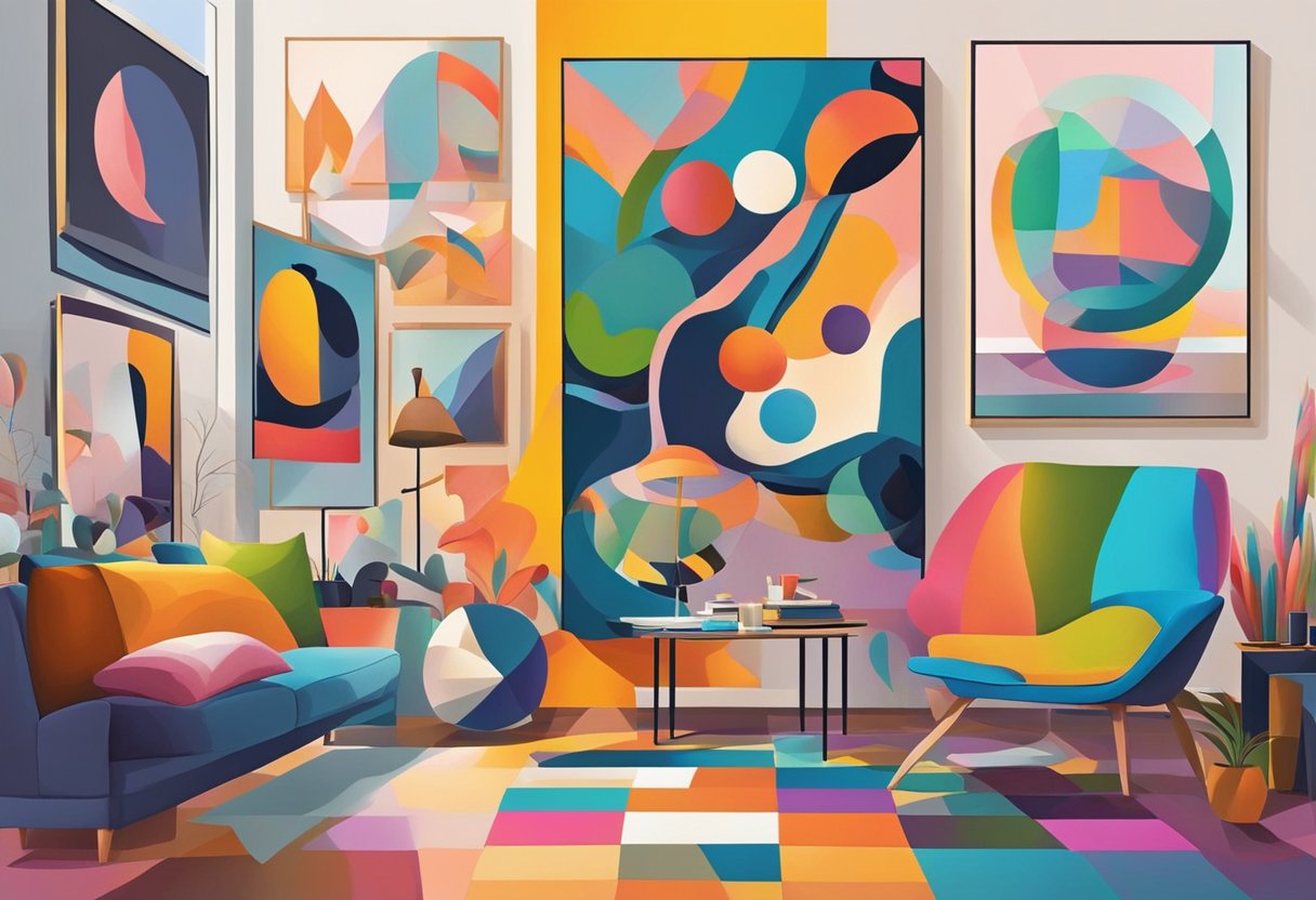 drawing and painting: A diverse collection of colorful and abstract artworks from various global art movements, displayed in a modern and vibrant art studio