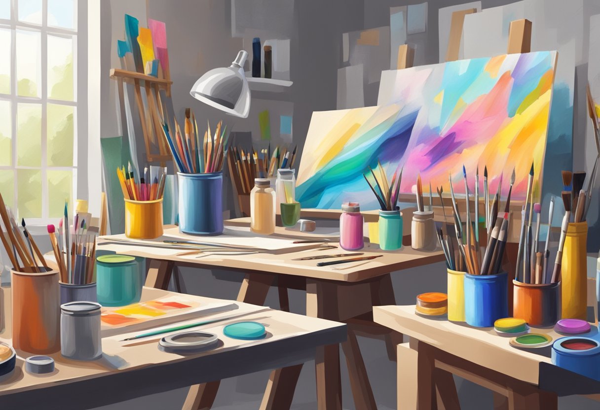 drawing and painting: A modern art studio with an array of colorful painting supplies and drawing tools, surrounded by inspiring artwork and examples of new drawing and painting techniques