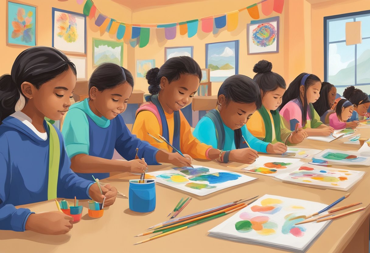 Drawing and painting: A diverse group of students engage in art activities, using various drawing and painting materials to express their cultural identities. The classroom is filled with colorful artwork reflecting different traditions and customs