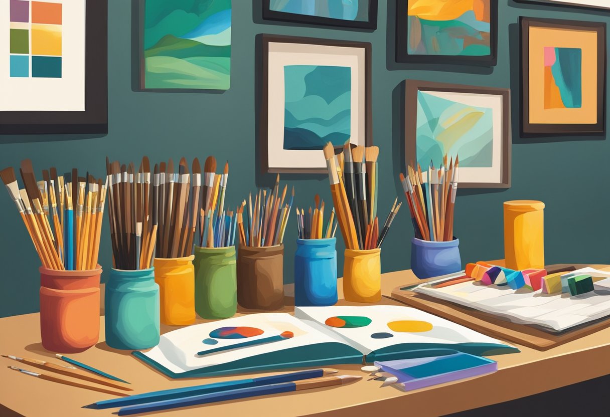 drawing and painting: A diverse group of art supplies, including paintbrushes, pencils, and canvases, are arranged on a table. A variety of cultural and historical artwork is displayed on the walls, inspiring creativity