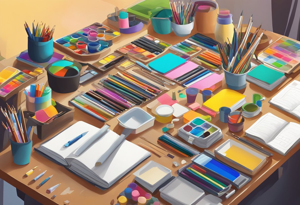 drawing and painting: A colorful array of art supplies scattered on a table, with various canvases and sketchbooks open, showcasing diverse styles and techniques
