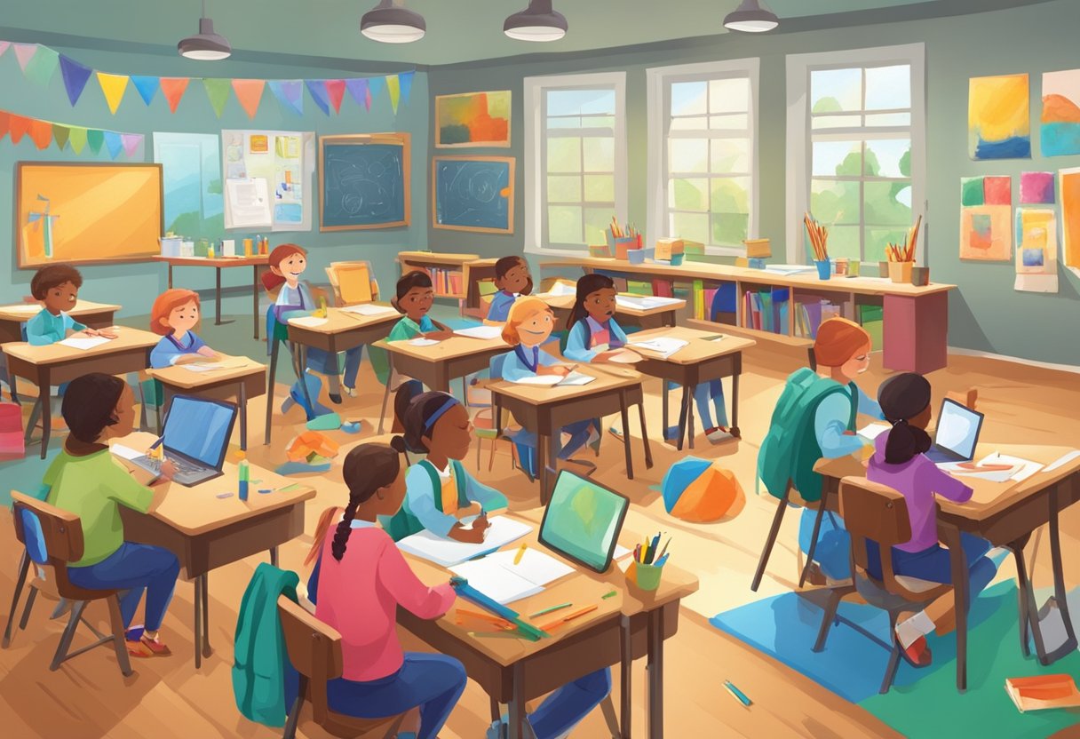 A colorful classroom with art supplies scattered across desks, students painting and drawing various subjects, while a teacher guides them through cross-curricular learning activities