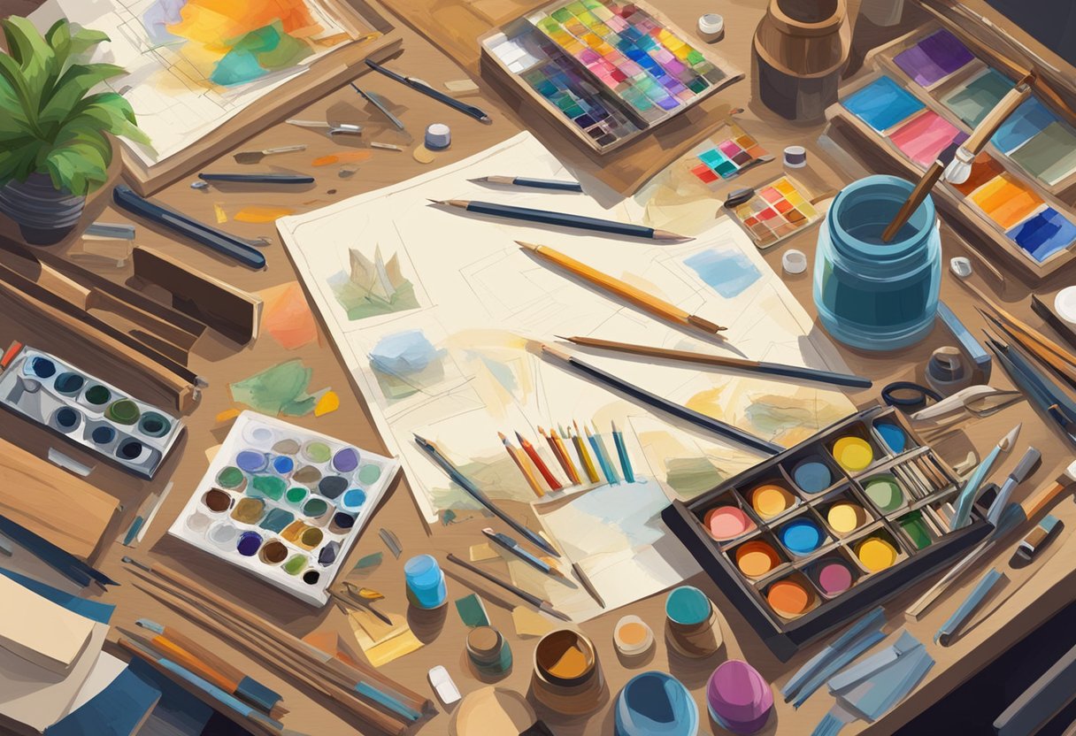 drawing and painting: A colorful array of art supplies and tools spread out on a table, surrounded by sketches and paintings from different historical periods
