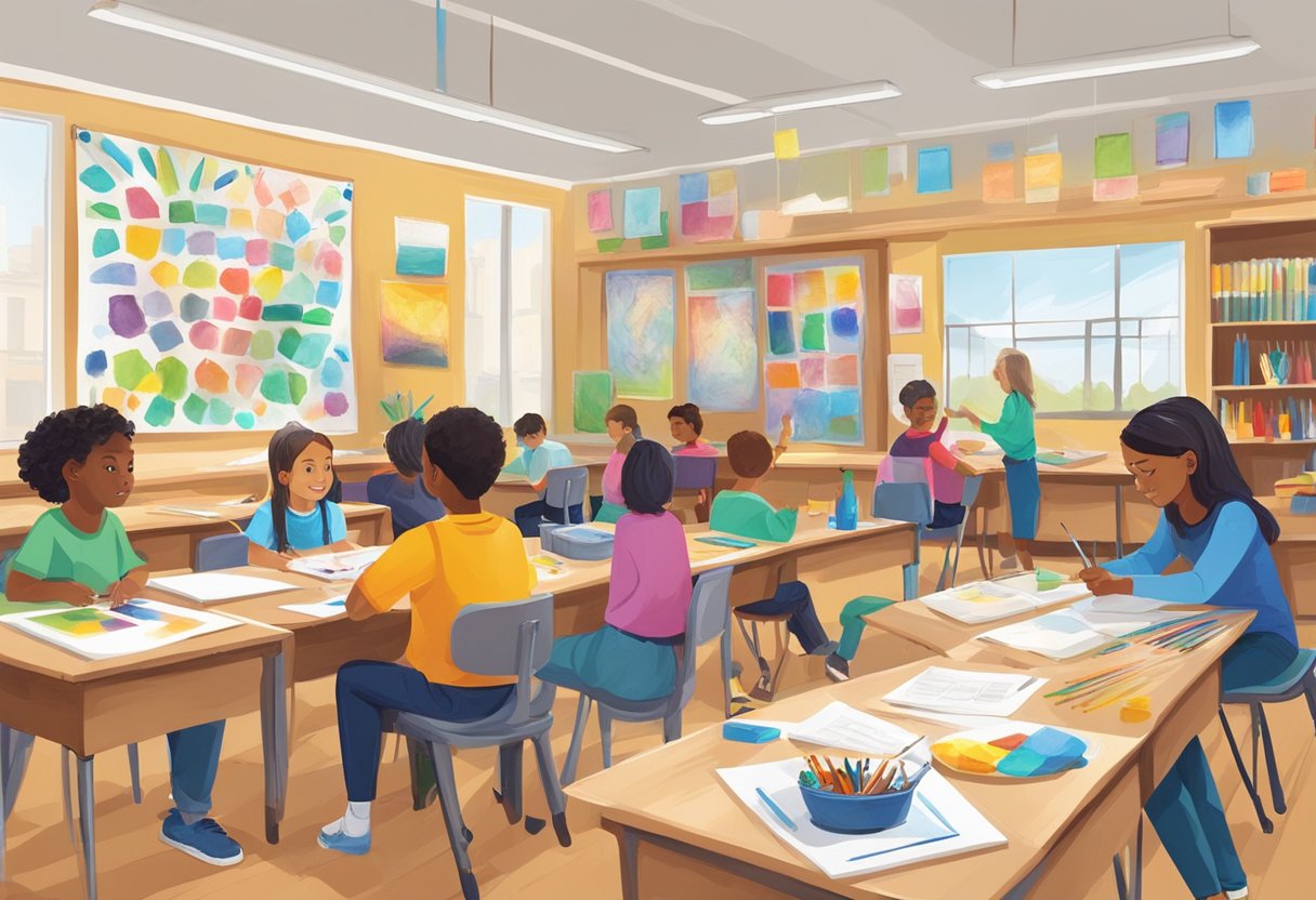 drawing and painting: A colorful classroom with diverse art supplies and tools, students engaging in collaborative projects, and a teacher facilitating discussions on innovative drawing and painting techniques