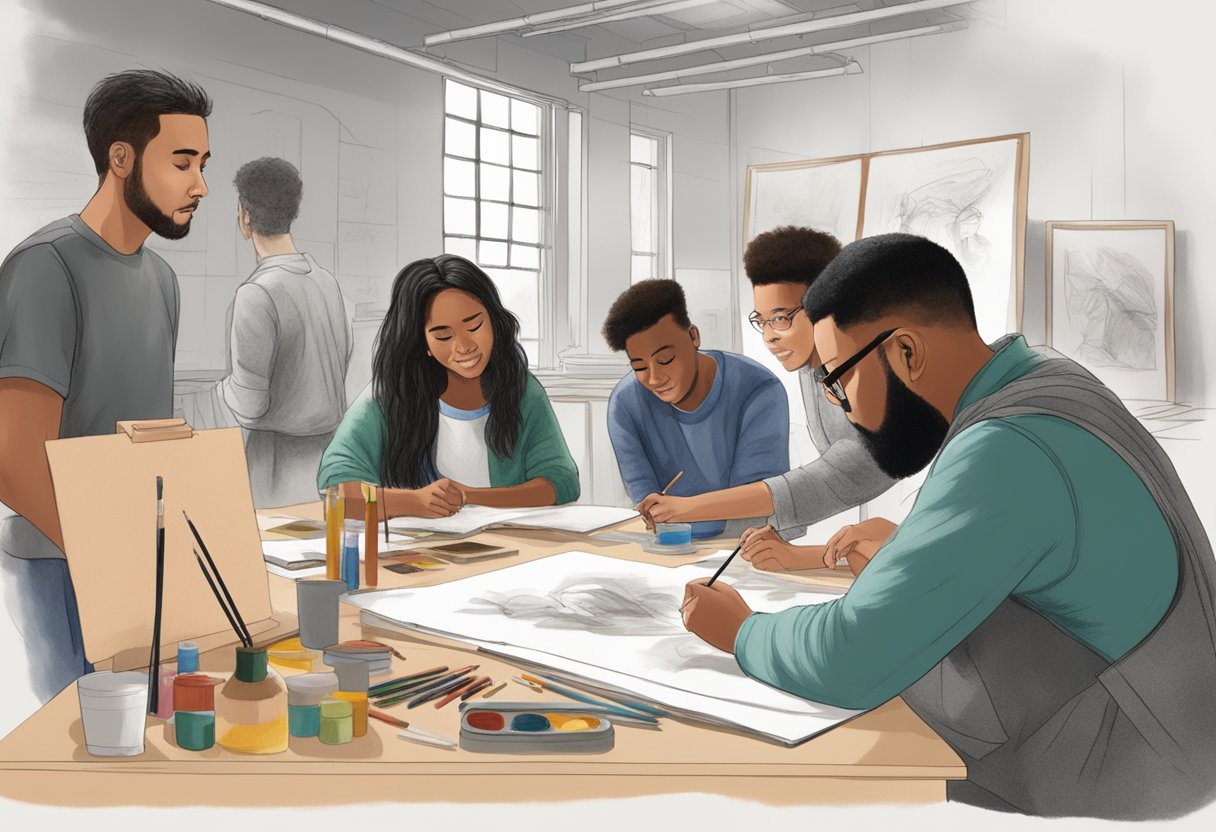 drawing and painting: A diverse group of students in a studio setting, experimenting with various drawing and painting techniques under the guidance of a knowledgeable instructor