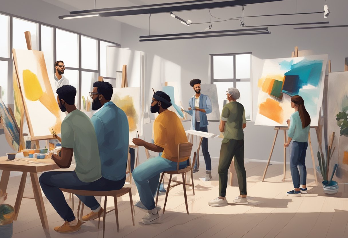 drawing and painting: A group of diverse artists discussing and experimenting with various drawing and painting techniques in a modern studio setting