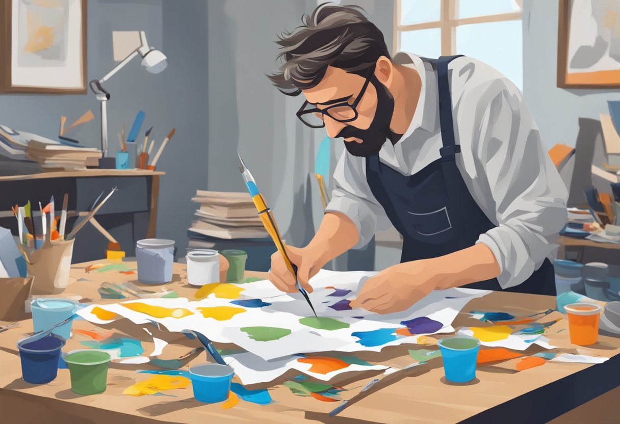 Arts and Craft: A table cluttered with spilled paint, crooked scissors, and wrinkled paper. A frustrated artist tries to salvage their project