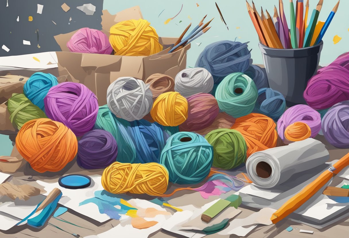 Arts and Craft: A messy table with mismatched paint colors and tangled yarn, surrounded by crumpled paper and scattered art supplies