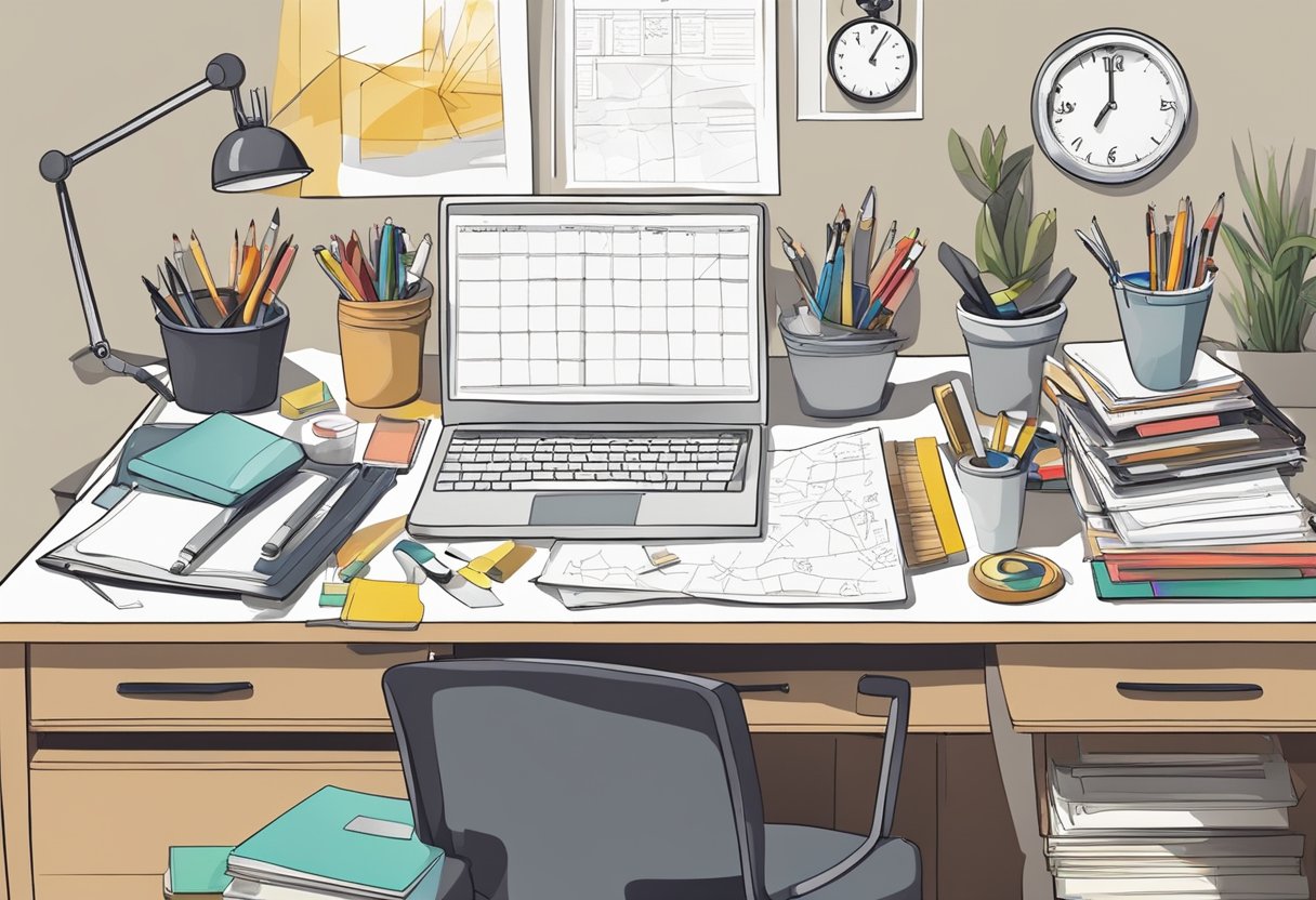 Arts and Craft: A cluttered desk with scattered art supplies, unfinished projects, and a chaotic schedule planner. A clock on the wall shows the passing of time