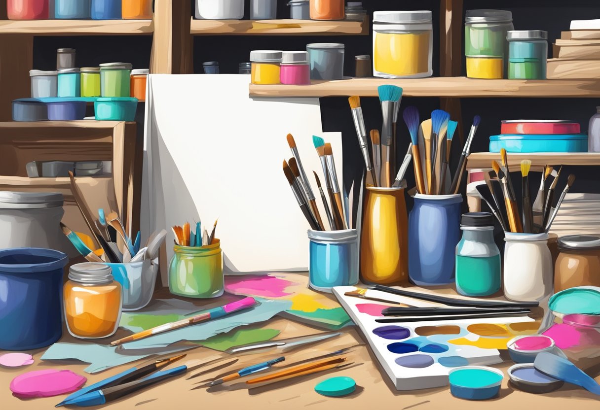 Arts and Craft: A cluttered work table with spilled paint, smudged paper, and broken brushes, contrasted by a perfectly organized and pristine art supply shelf