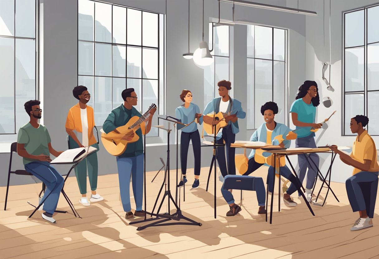 A group of diverse individuals engage in various performing arts activities in a modern, well-equipped studio