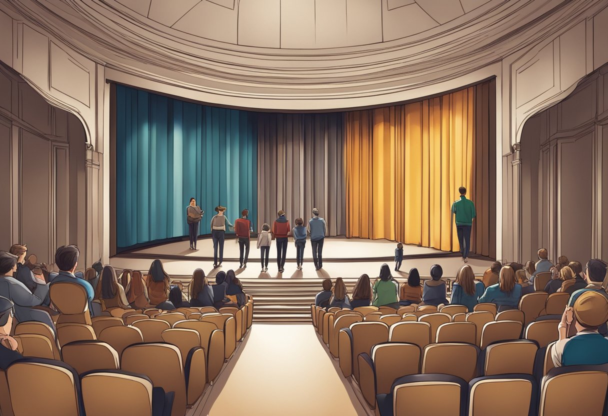 A modern theater with various students engaging in diverse forms of performing arts education, showcasing new trends and techniques