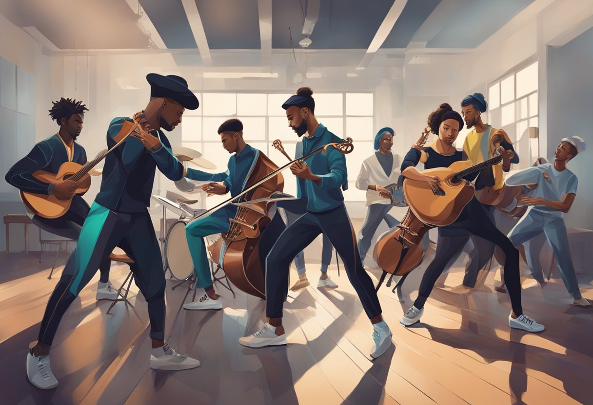 Performing arts: A group of musicians and dancers collaborate in a modern studio, blending traditional and innovative techniques in a dynamic performance