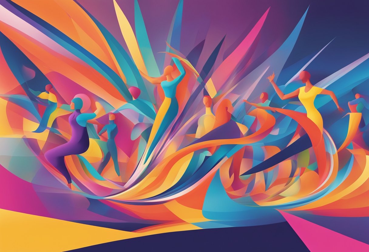 Performing arts: A group of abstract shapes and lines in vibrant colors, moving dynamically across a stage, representing the evolution of dance in arts education