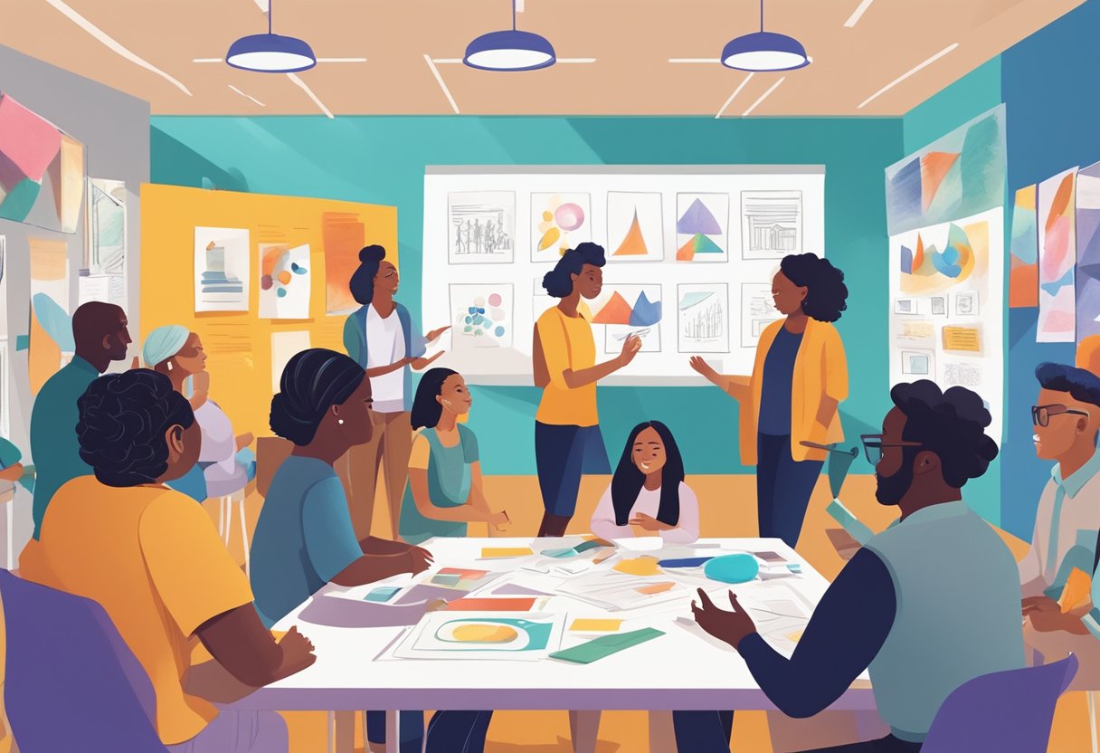 Performing arts: A group of diverse individuals engage in interactive workshops and discussions, surrounded by colorful posters and art installations, at a modern performing arts education conference