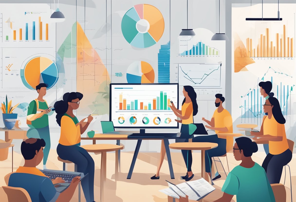 Performing arts: A group of diverse students engage in various performing arts activities, surrounded by financial charts and graphs