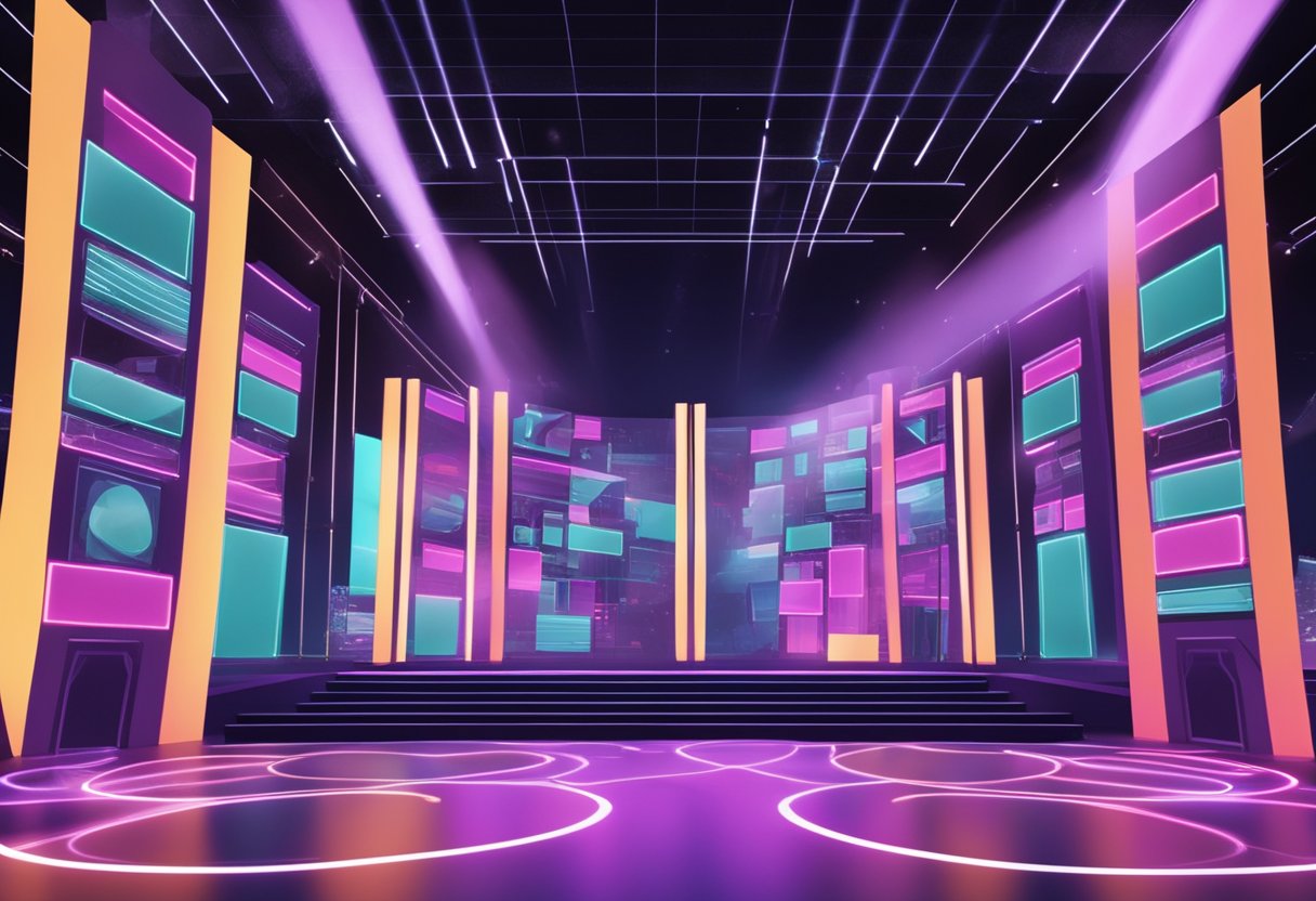 Performing arts: A stage with a digital backdrop, surrounded by virtual reality headsets and interactive screens, showcasing a blend of live and digital performances