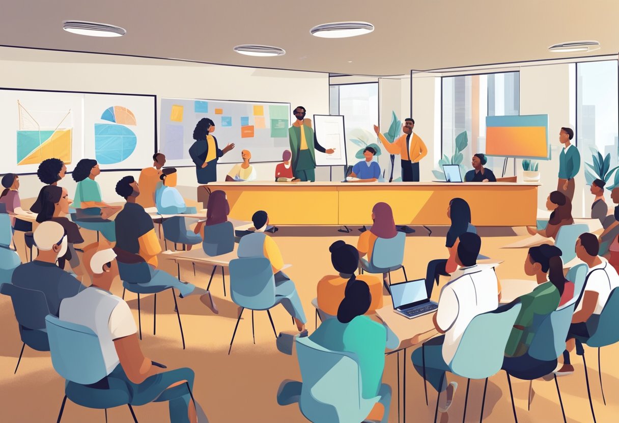 Performing arts: A group of people from public and private sectors collaborate in a modern classroom, discussing and exploring new trends in performing arts education