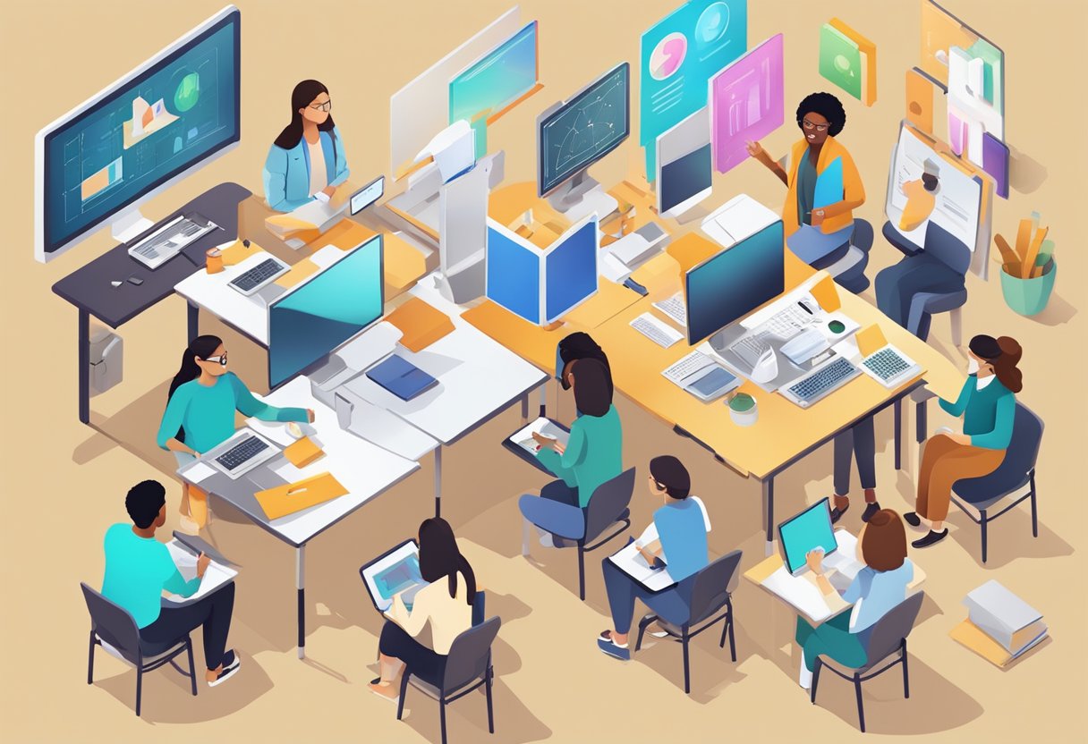 Performing arts: A diverse group of students engage in interactive digital learning activities, surrounded by cutting-edge technology and innovative teaching tools