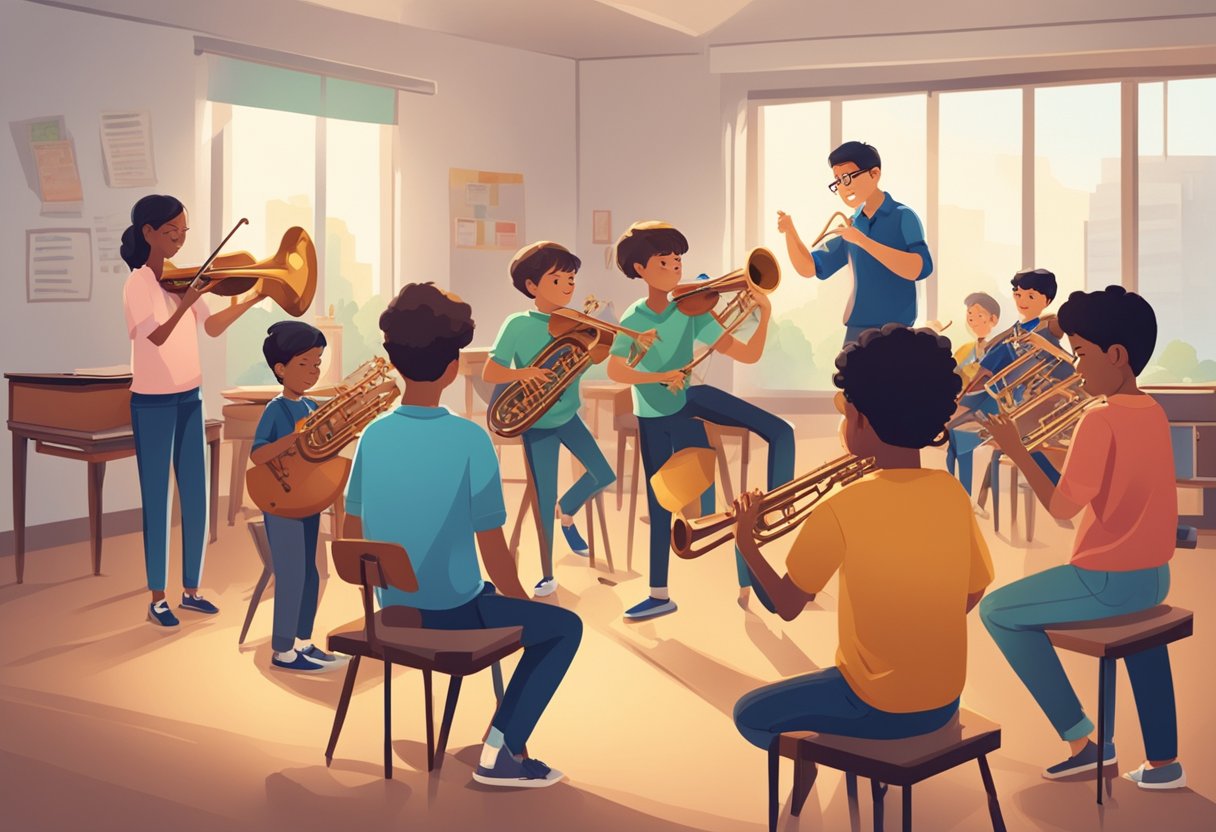 Instrumental Skills: A group of young students using various musical instruments in a classroom setting, with a teacher guiding and supervising their activities