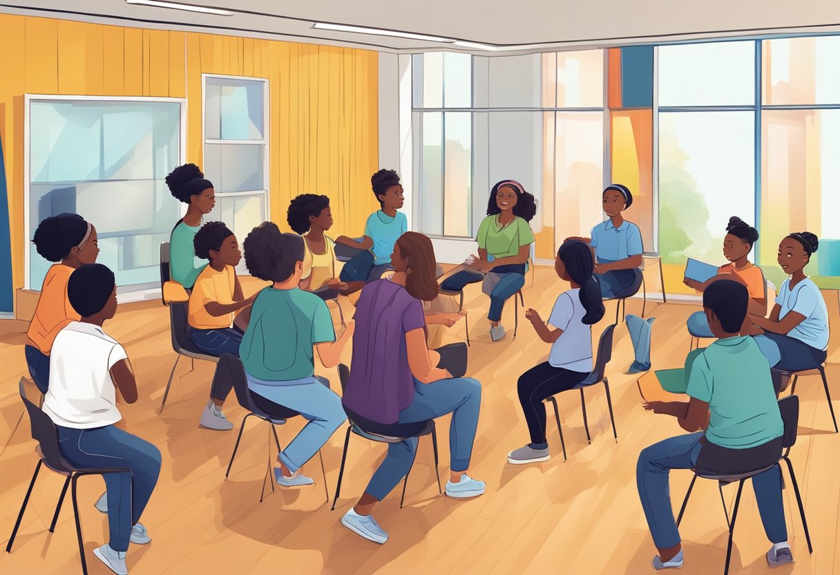 Performing arts: A group of diverse students and teachers engage in dynamic activities, discussions, and performances in a modern, vibrant performing arts education center