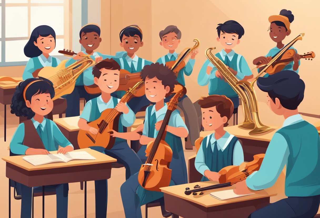 Instrumental Skills: A group of young students confidently playing various musical instruments in a school classroom, with their teacher guiding and encouraging them