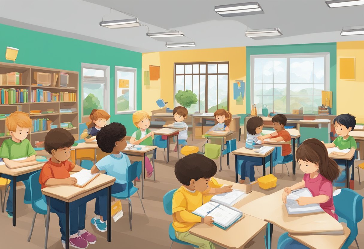 Instrumental Skills: A classroom filled with young students engaged in hands-on activities, using instruments to learn and apply cognitive skills in real-life scenarios