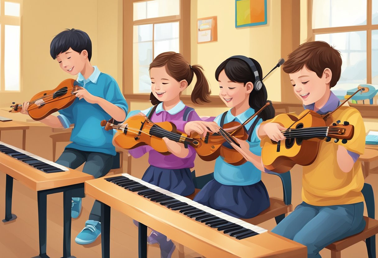Instrumental Skills: A group of primary school students use tablets and interactive learning software to practice instrumental skills in a music class