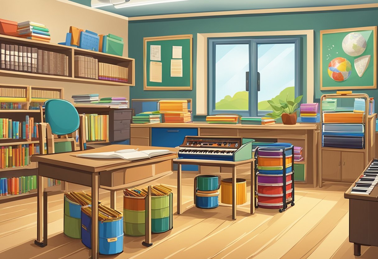 Instrumental Skills: A classroom setting with various musical instruments such as drums, xylophones, and recorders arranged neatly on shelves and tables. A teacher's desk with lesson plans and educational materials