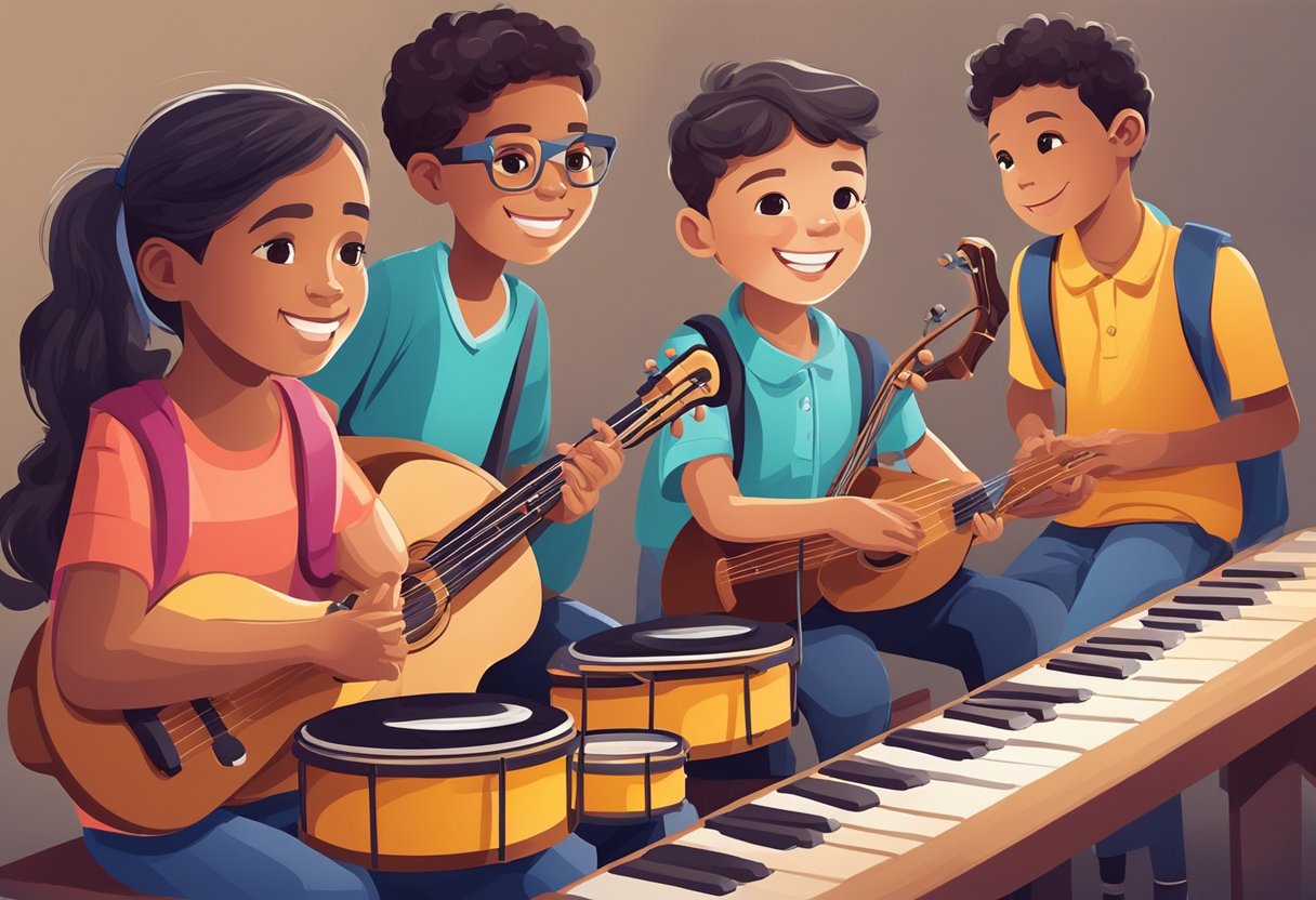 Instrumental Skills: A group of young students and their teacher collaborate to play musical instruments together, demonstrating mentorship and real-life applications of instrumental skills in primary education