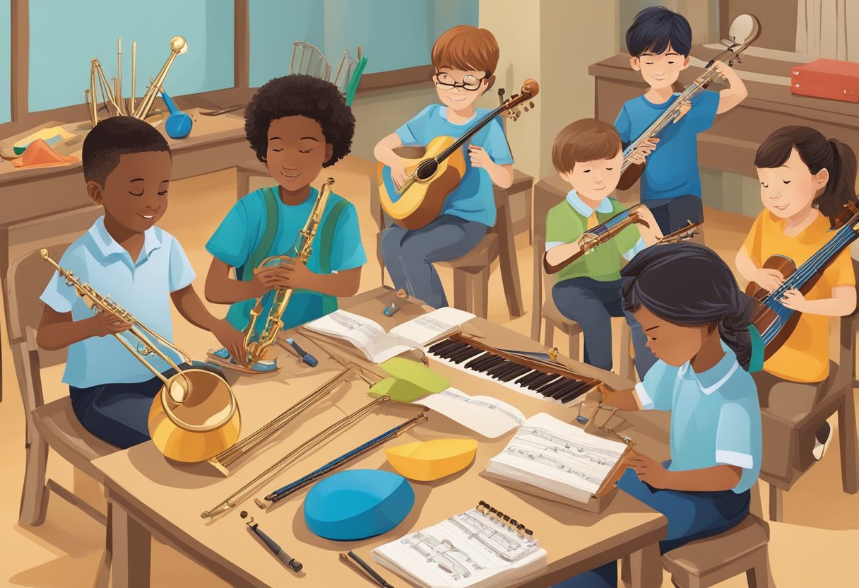 Instrumental Skills: A group of young students engage in hands-on activities, using various musical instruments to explore real-life applications of instrumental skills in a primary education setting
