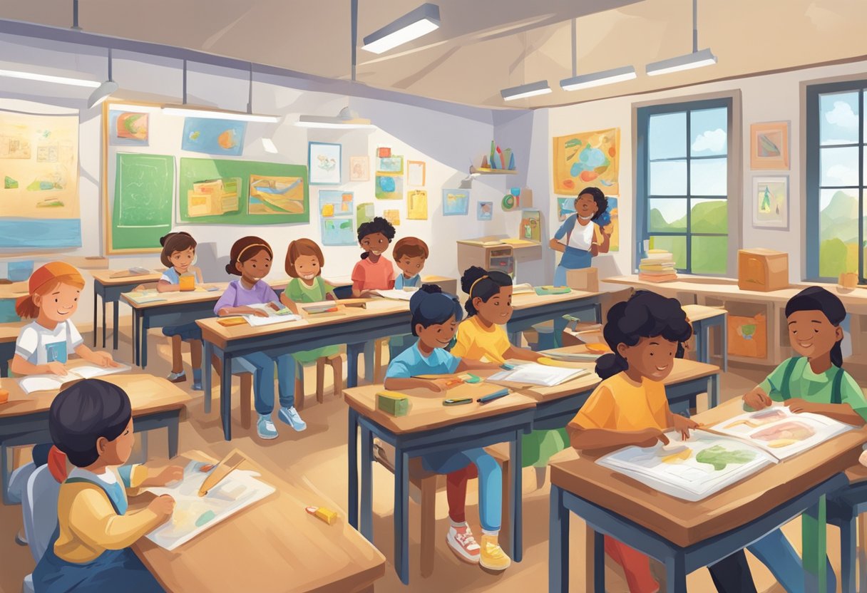 Instrumental Skills: A classroom setting with young students engaging in hands-on activities using various instruments, such as music, science, and art materials