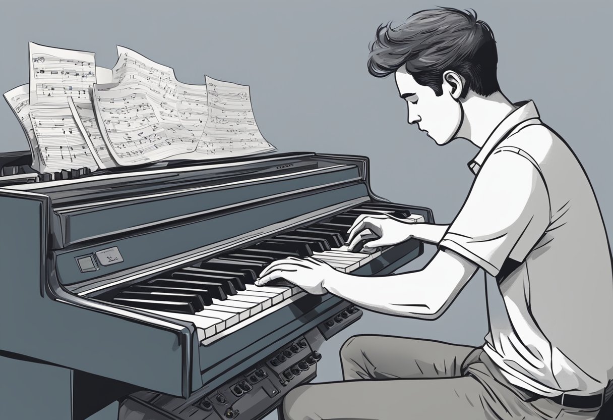 instrumental skills: A musician playing the wrong notes on a keyboard, while a list of common mistakes hovers above, and a thought bubble with the correct techniques appears
