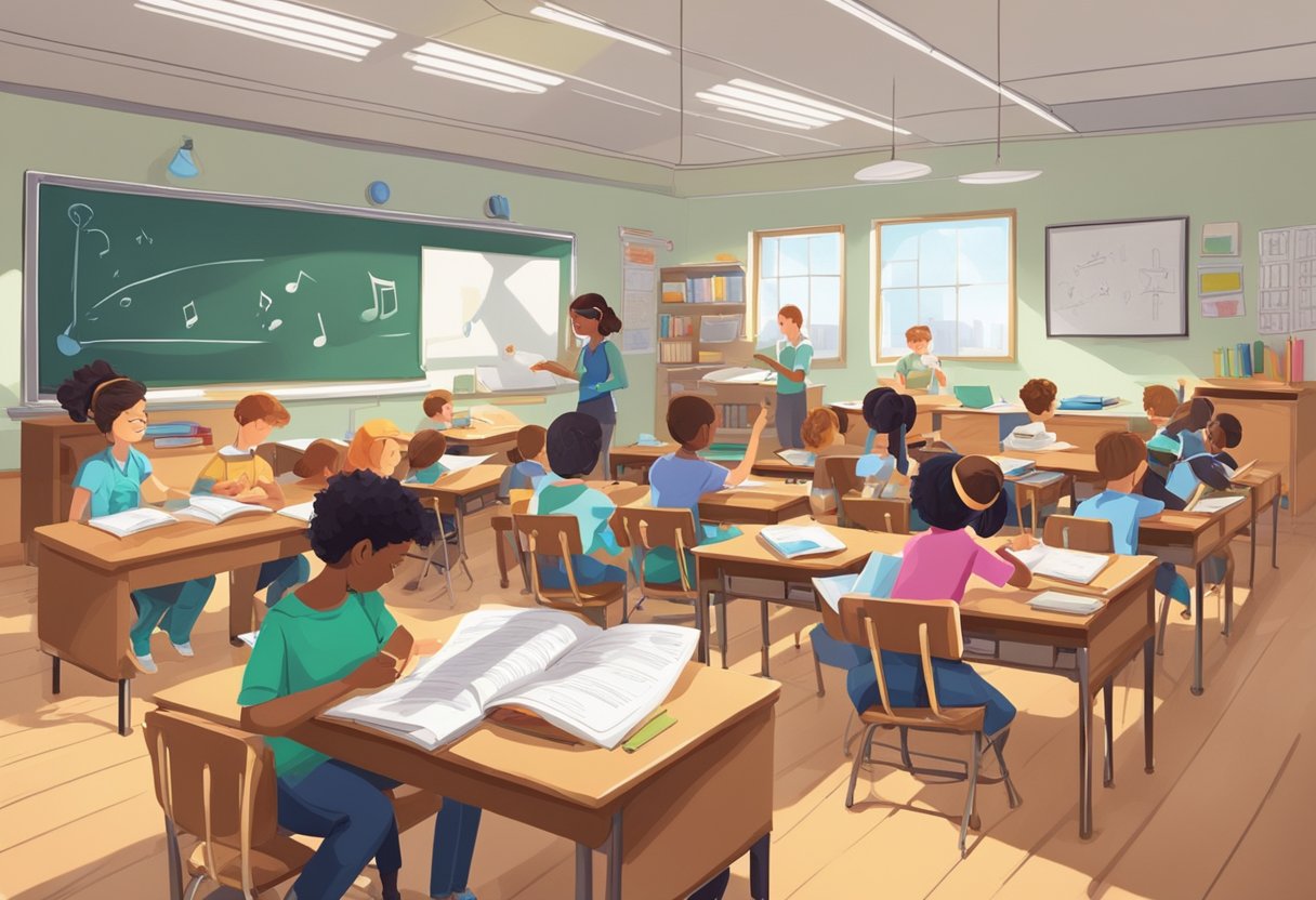 Instrumental Skills: A classroom with students engaged in hands-on projects, instruments and music notes scattered across desks, teacher guiding and observing