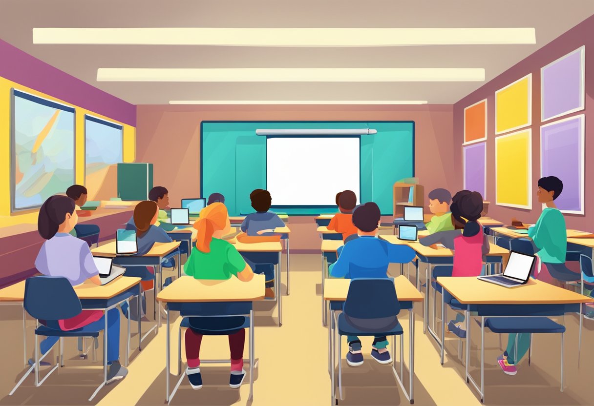 Digital art: A classroom setting with young students using digital devices to create multimedia art projects