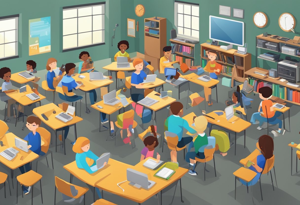Instrumental Skills: A classroom filled with students, each with a different musical instrument, surrounded by digital tools such as tablets, computers, and audio equipment