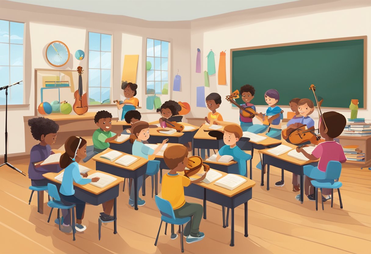 Instrumental Skills: A classroom filled with diverse musical instruments and eager students engaged in hands-on learning activities