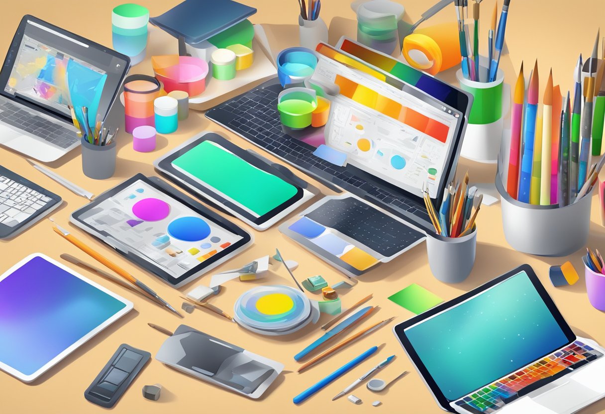Digital art: A colorful array of digital art tools and resources, including tablets, styluses, software icons, and paintbrushes, arranged on a desk