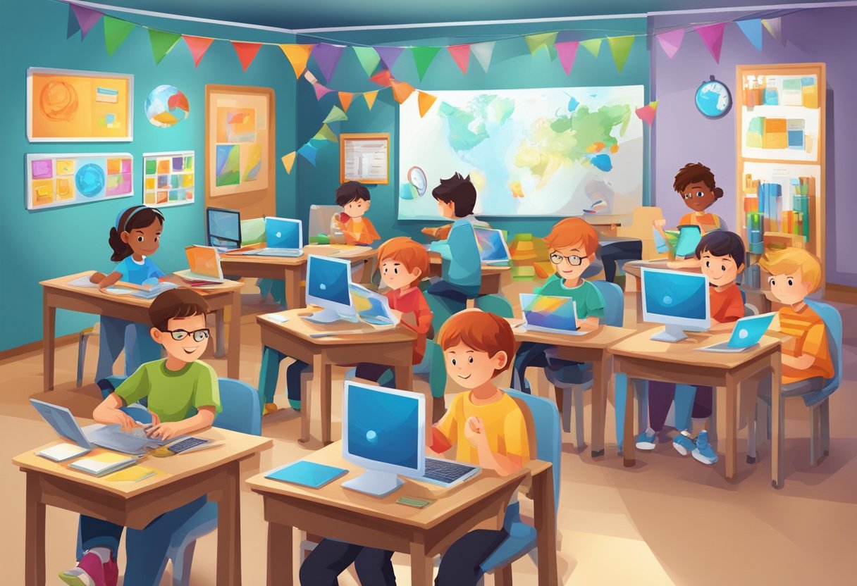 Digital art: A classroom setting with children engaging in various digital arts and multimedia activities, surrounded by colorful and interactive technology tools and resources
