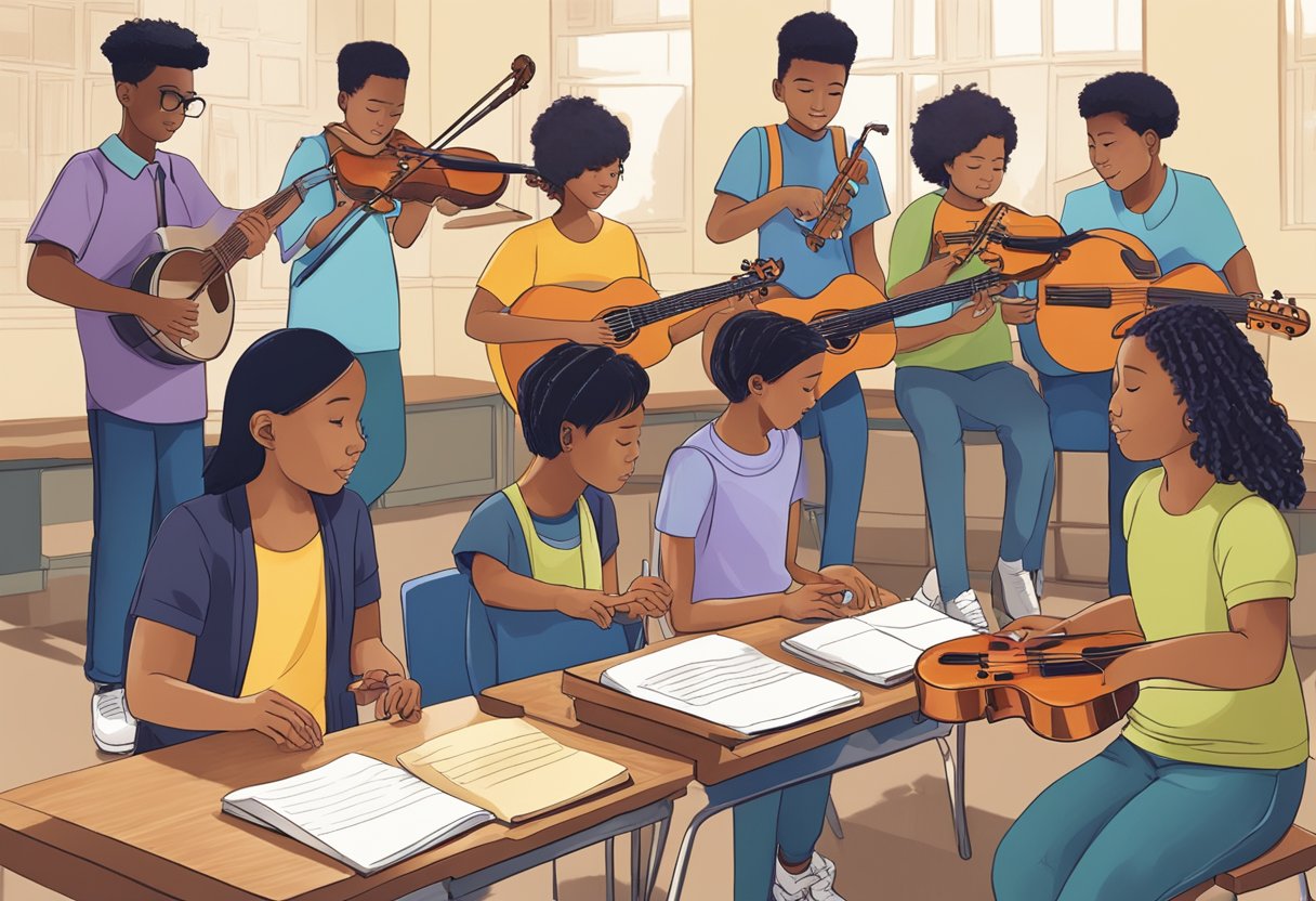 Instrumental Skills: A group of students engage in hands-on instrumental music projects, guided by teachers in a school setting