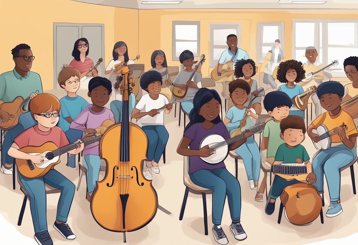 Instrumental Skills: A diverse group of students engage in music learning through instrumental practice, supported by a community of teachers and peers