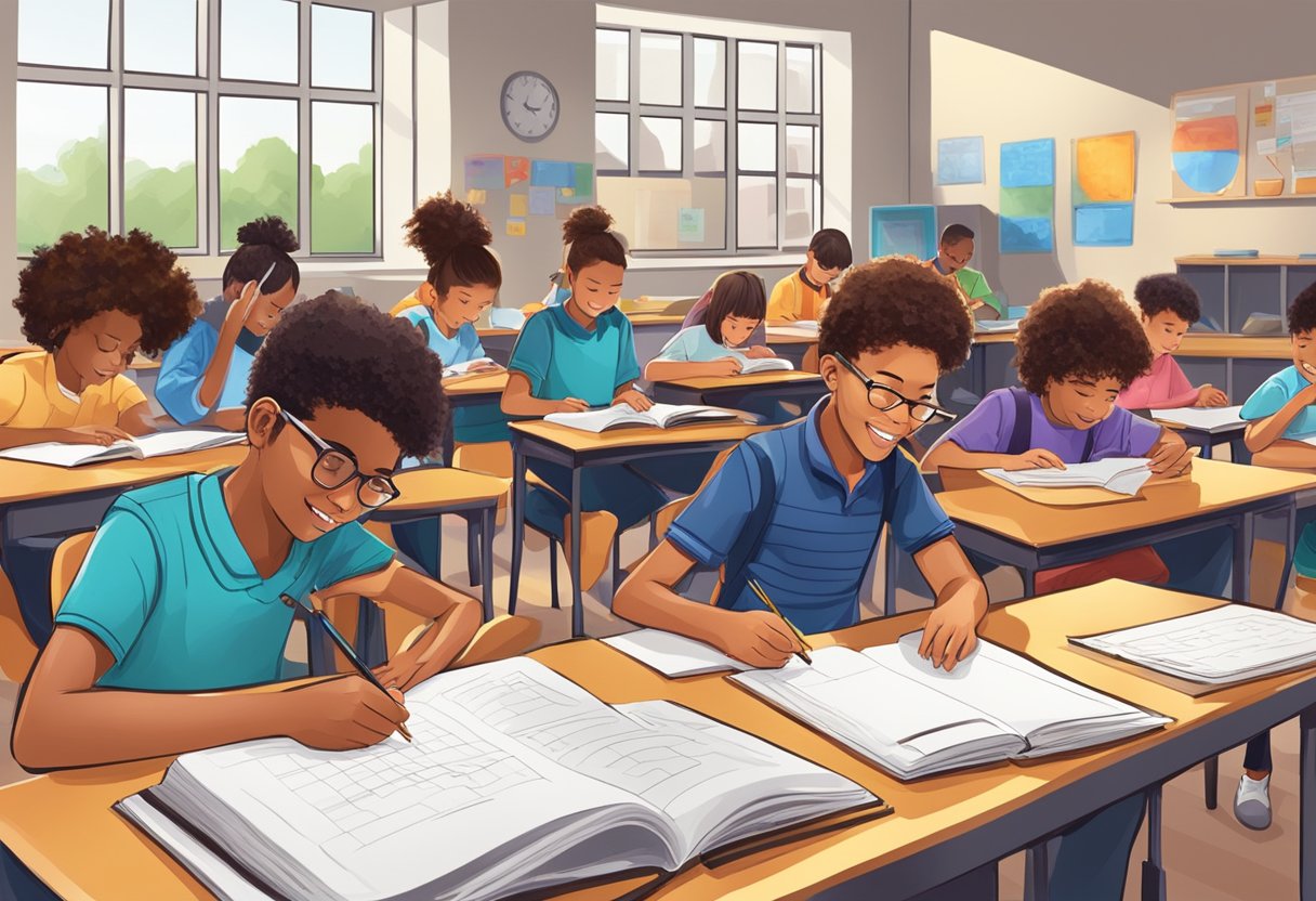 Instrumental Skills: A group of students enthusiastically working on various instrumental skills projects in a vibrant and dynamic school setting