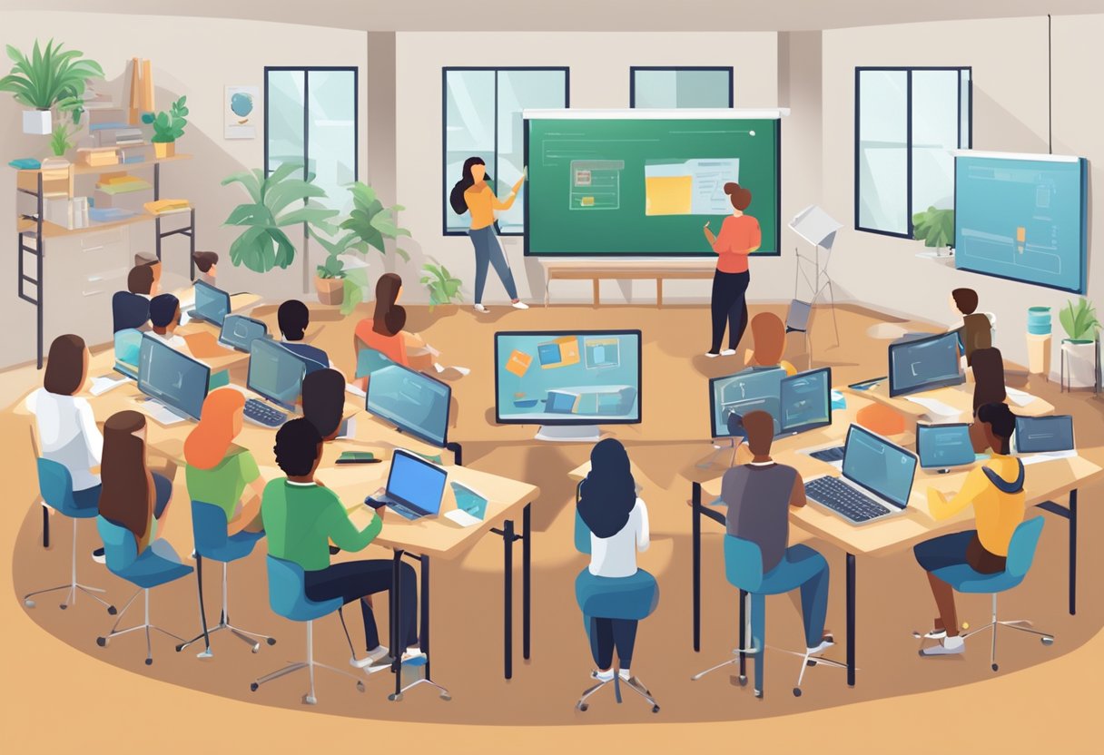 Instrumental Skills: A classroom setting with students using various technological devices and tools to engage in online teaching and learning activities