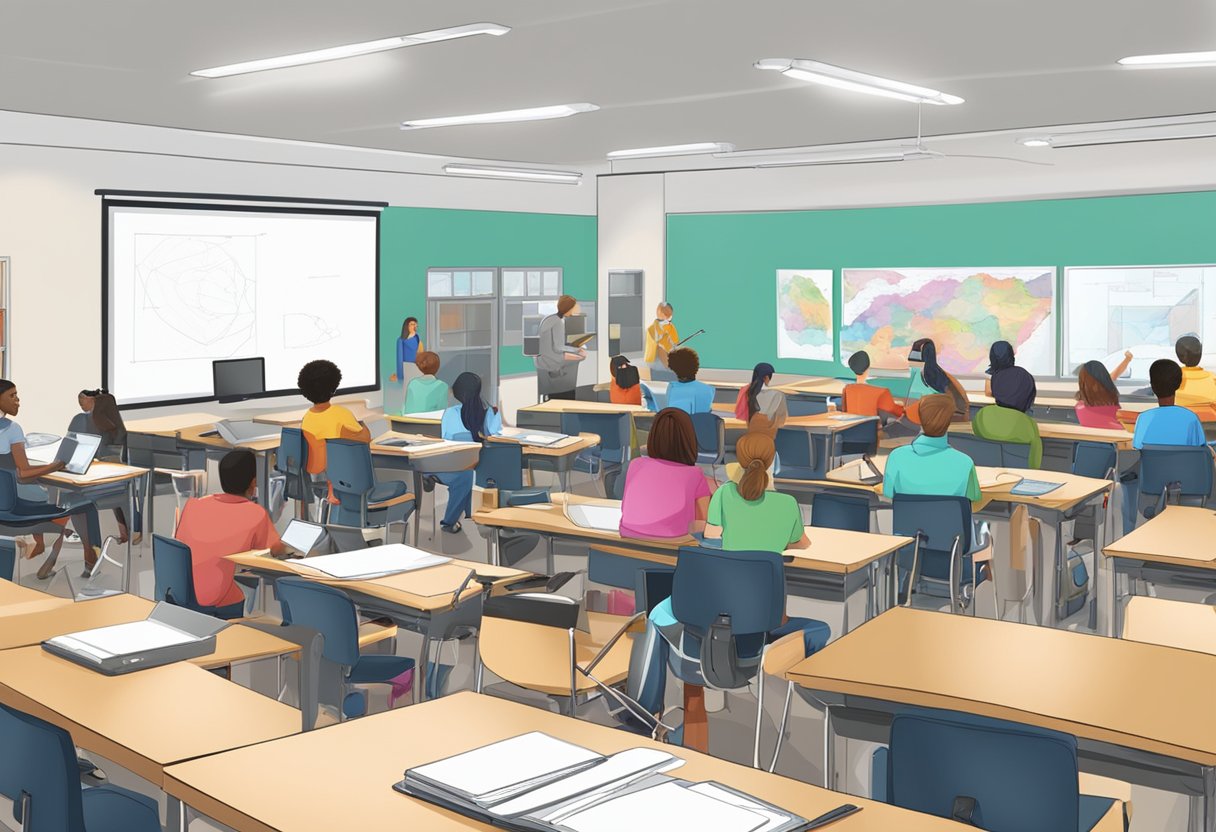 A classroom setting with students engaged in various digital art and multimedia activities, including using computers, drawing tablets, and cameras
