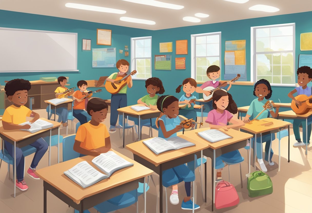 Instrumental Skills: A classroom setting with students engaged in hands-on instrumental skill activities, guided by teachers and surrounded by musical instruments and learning materials