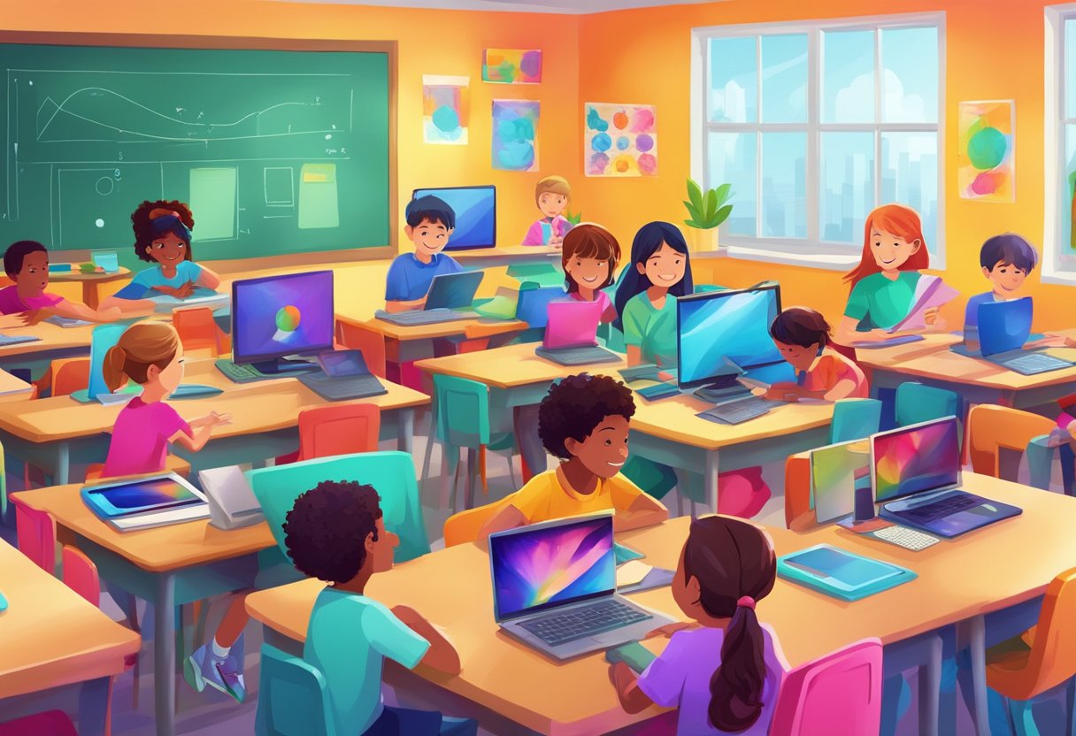 A group of primary students engaged in collaborative digital arts and multimedia projects, using various tools and devices in a colorful and vibrant classroom setting