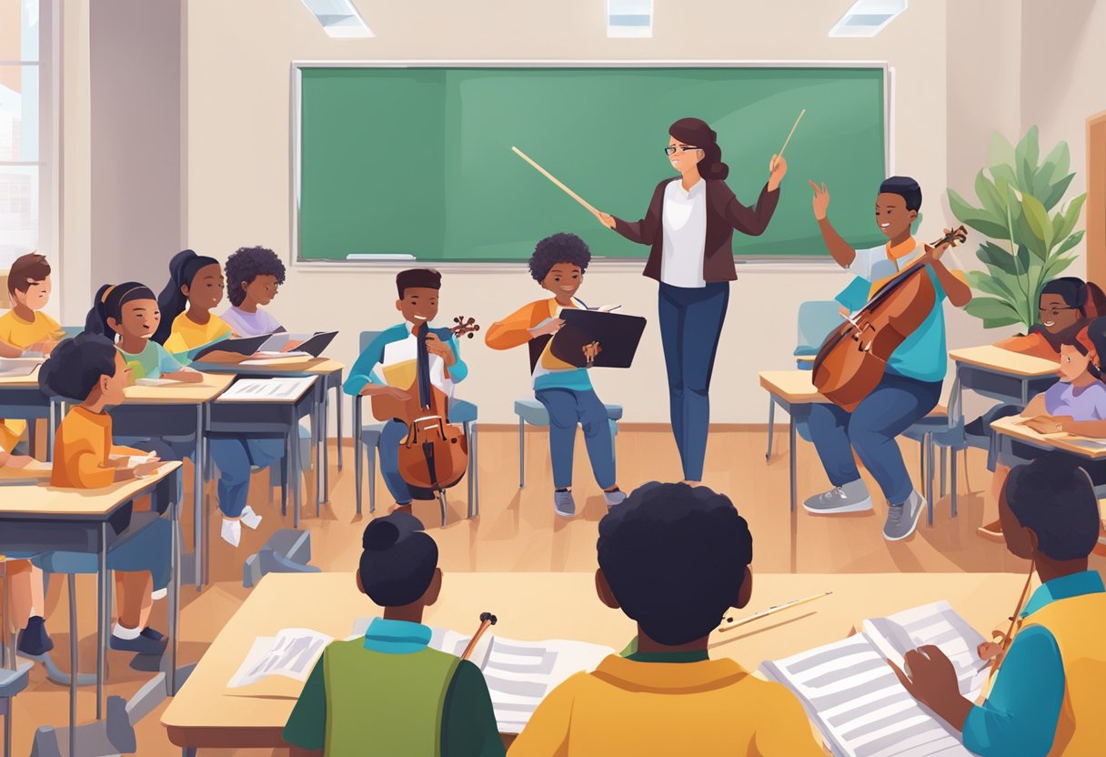 Instrumental Skills: A classroom setting with students engaging in various instrumental music activities, with teachers facilitating and guiding the learning process