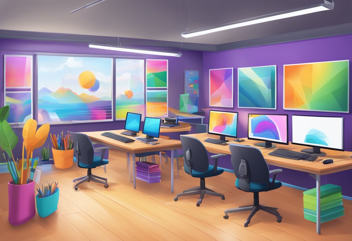 A colorful and engaging digital arts classroom with various multimedia tools and resources, including computers, tablets, art supplies, and interactive displays